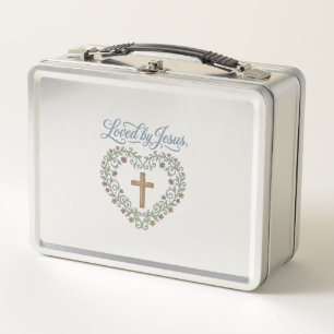 Loved by Jesus Floral Cross Christian T-Shirt Desi Metal Lunch Box
