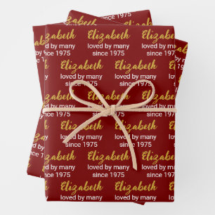 Loved by Many Since 1975 Red Gold Name Birthday Wrapping Paper Sheet