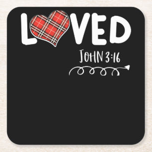 Loved John 3 16 Red Plaid Heart Christian Valentin Square Paper Coaster