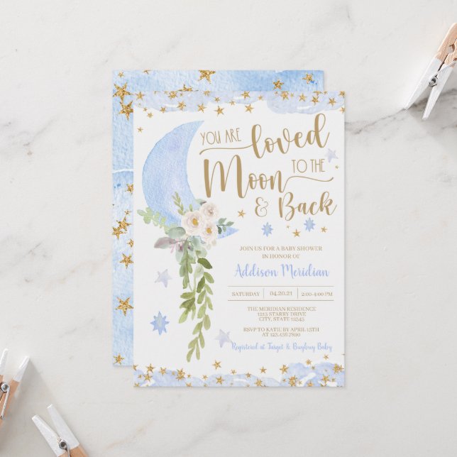 Loved to the Moon & Back Baby Boy Shower Invitation (Front/Back In Situ)