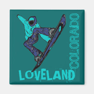 Loveland Colorado teal snowboarder magnet