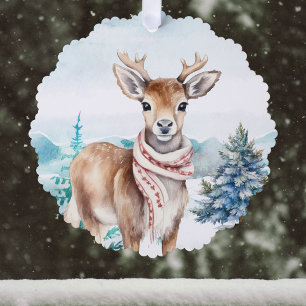 Lovelu Deer with Red Scarf in Snowy Forest w Name Ornament Card