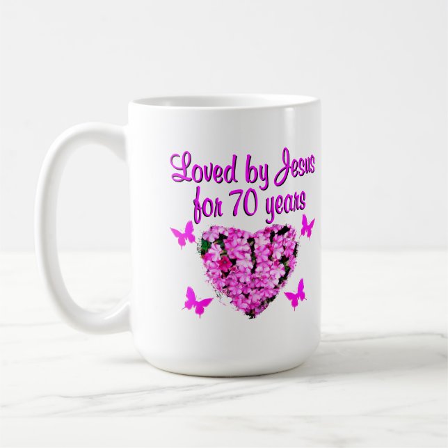 LOVELY 70TH BIRTHDAY PINK FLORAL PHOTO DESIGN COFFEE MUG (Left)