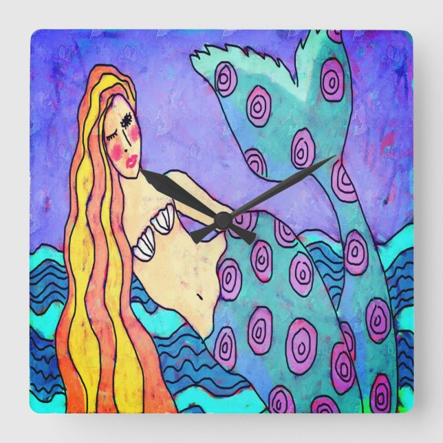 Lovely Abstract Mermaid Art Square Wall Clock (Front)