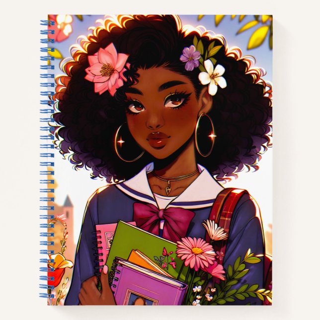 Lovely African-American Anime` School Girl Notebook (Front)