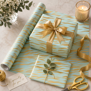 Lovely and golden stripes on a blue backdrop wrapping paper
