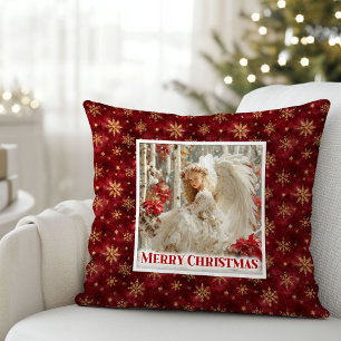 Lovely Angel Poinsettia Red Gold Holiday Christmas Throw Pillow
