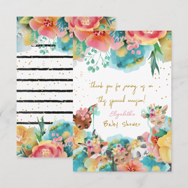 Lovely Animals Flower Bloom Baby Girl Shower Thank You Card (Front/Back)
