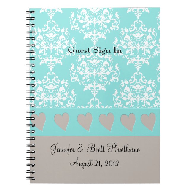 Lovely Aqua Blue and Taupe Wedding Guest Notebook (Front)