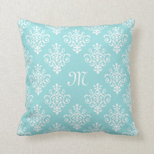 Lovely Aqua Blue and White Damask With Monogram Throw Pillow