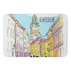 Lovely art Stockholm City Sweden Watercolor White Bath Mat