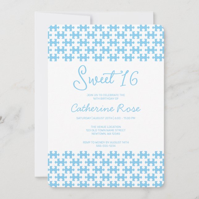 Lovely Baby Blue White Puzzle Chequered Sweet 16 Invitation (Front)