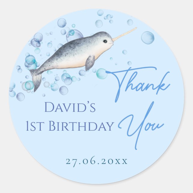 Lovely baby boy Narwhal & Blue Bubbles  Classic Round Sticker (Front)