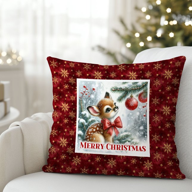 Lovely baby fawn festive winter scene Christmas  Throw Pillow (Lovely baby fawn festive winter scene Christmas pillow)