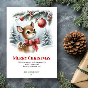 Lovely Baby Fawn Winter Scene Watercolor Christmas Holiday Card