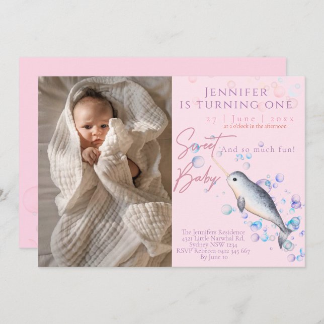 Lovely baby Narwhal 1st Birthday Party Invitation (Front/Back)