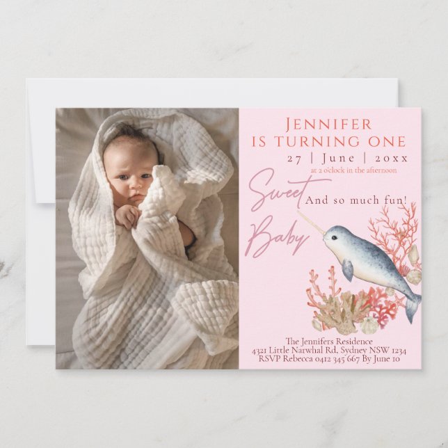 Lovely baby Narwhal 1st Birthday Party Invitation (Front)