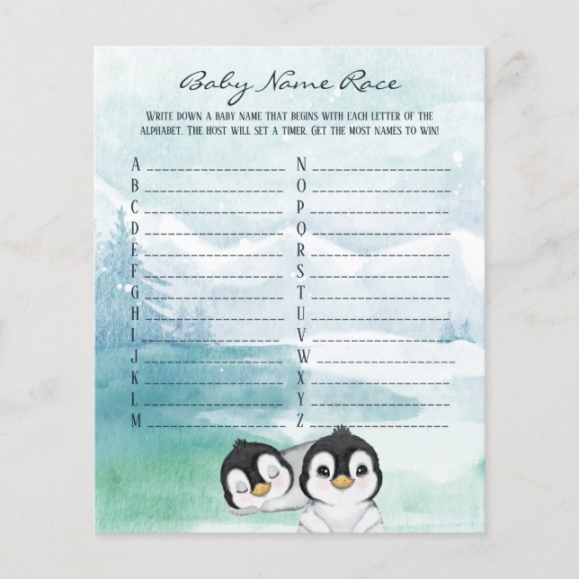 Lovely Baby Penguins Baby Name Race Game Flyer (Front)
