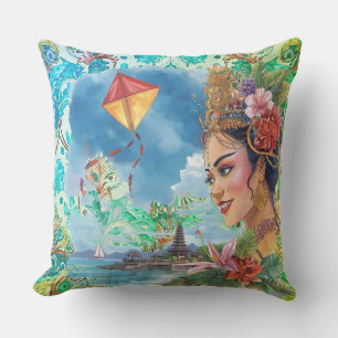 Lovely Bali Dancer and Tropical Pattern Outdoor Pillow