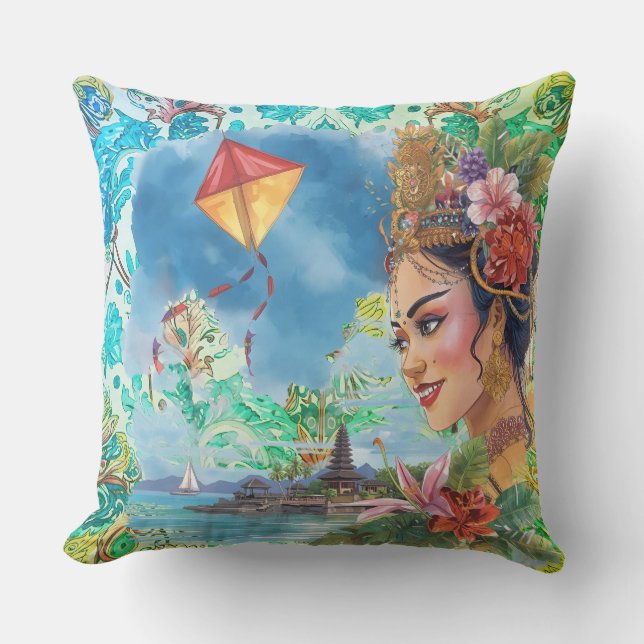 Lovely Bali Dancer and Tropical Pattern Outdoor Pillow (Front)