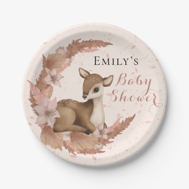 Lovely Bambi & Flowers Pastel Pink Baby Shower Nap Paper Plate (Front)