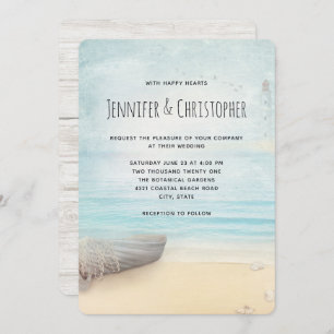 Lovely Beach Scene with Boat & Lighthouse Invitation