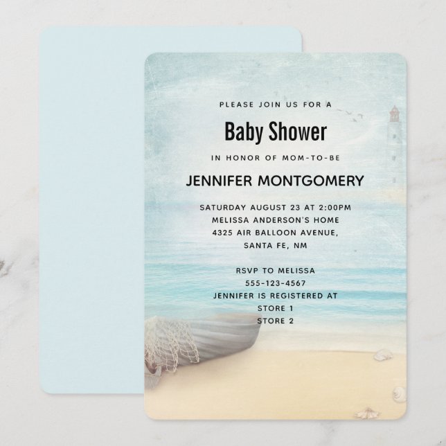 Lovely Beach Scene with Boat & Lighthouse Shower Invitation (Front/Back)