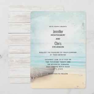 Lovely Beach Scene with Boat & Lighthouse Wedding Invitation