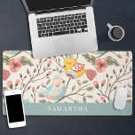 Lovely birds floral with name desk mat<br><div class="desc">This exquisite desk mat features a captivating illustration of two colourful cartoon birds in love surrounded by delicate flowers. This elegant keyboard pad adds a sophisticated touch of natural beauty to your workspace and is customizable with your name to create a unique and classy desk decor</div>
