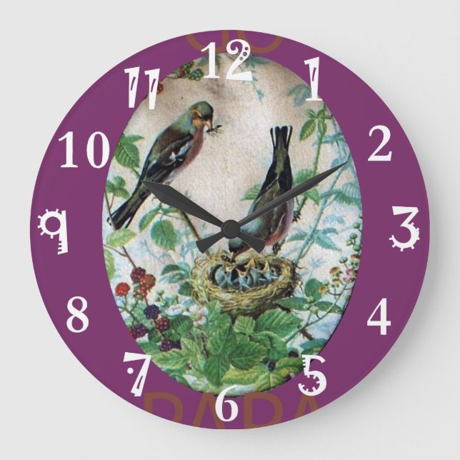 Lovely Birds Go Papa Time simple basic needs  Large Clock (Front)