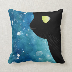 Lovely Black Cat in Blue Watercolor Throw Pillow