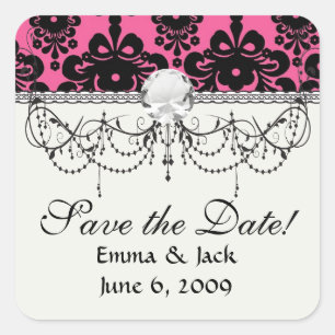 lovely black damask on bright pink chic square sticker