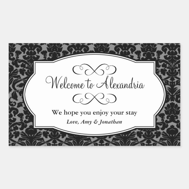 Lovely black damask pattern out of town gift bag sticker (Front)