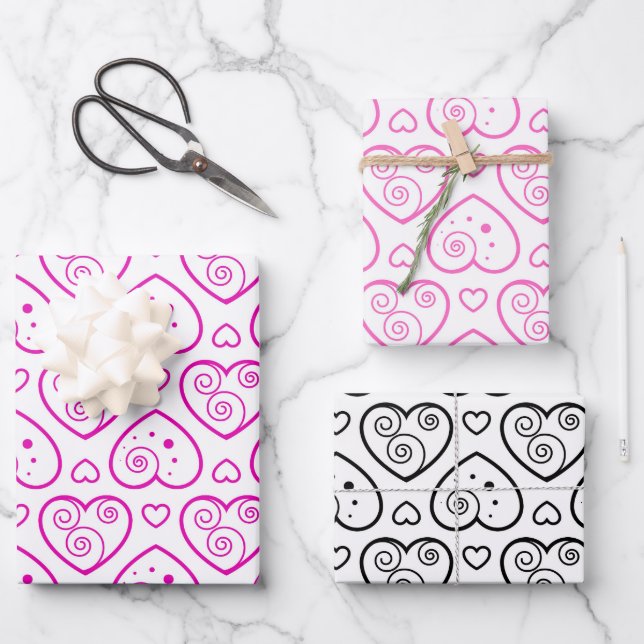 Lovely Black & Pink Hearts Wrapping Paper Sheets (Front)