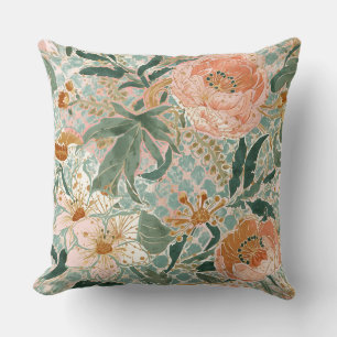 Lovely Blooming Peach Flowers and Leaves, Pattern Throw Pillow