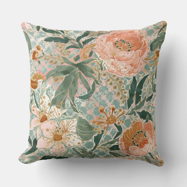 Lovely Blooming Peach Flowers and Leaves, Pattern Throw Pillow (Front)