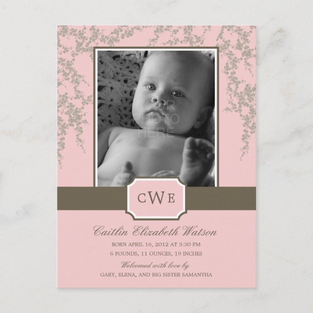 Lovely Blossoms Baby Birth Announcement (Pink) (Front)