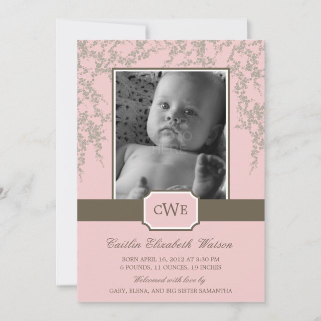 Lovely Blossoms Baby Faire-part de naissance (Rose (Devant)