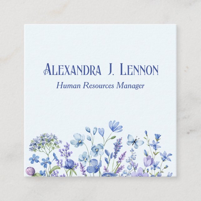 Lovely Blue and Lavender Wildflower Garden Square Business Card (Front)