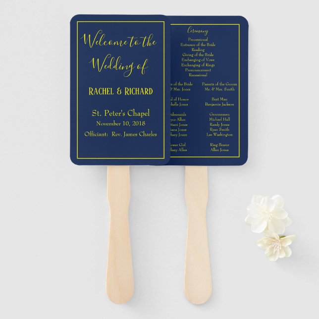 Lovely Blue and Yellow Wedding Program Hand Fan (Front and Back)