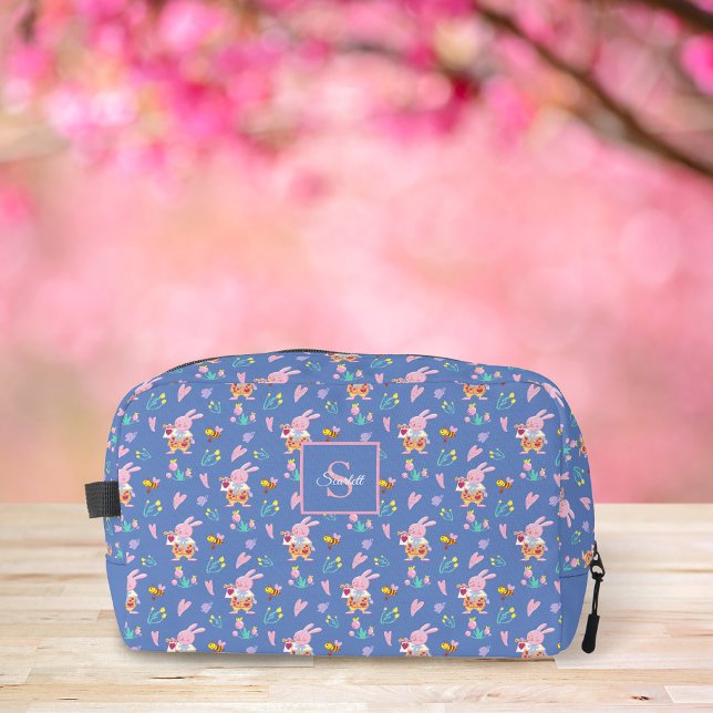 lovely blue bunny garden pattern Monogram Name Dopp Kit (Creator Uploaded)