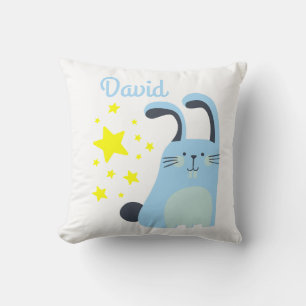 Lovely blue cartoon bunny baby boy with name throw pillow