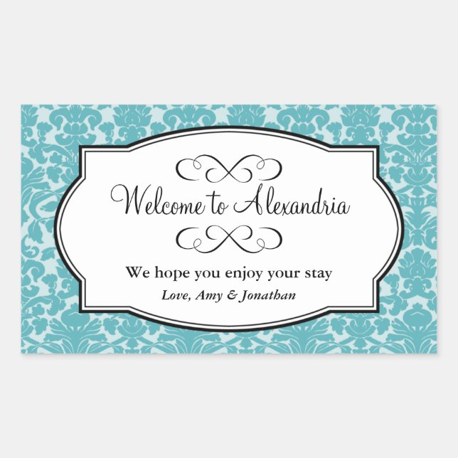 Lovely Blue damask pattern out of town gift bag Sticker (Front)