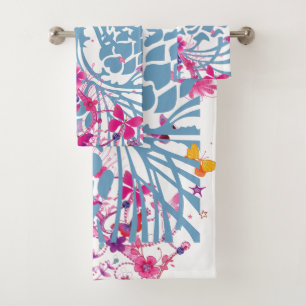 Lovely Blue Floral Feminine butterflies pattern  Bath Towel Set