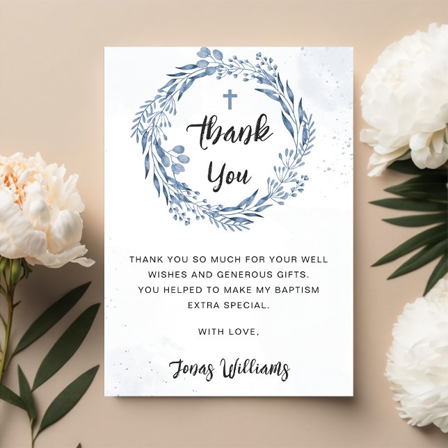 Lovely Blue Florals Baptism Thank You Card (Creator Uploaded)