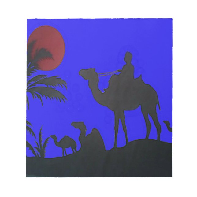 Lovely Blue Sky Sunset Camel Safari Silhouette Notepad (Front)