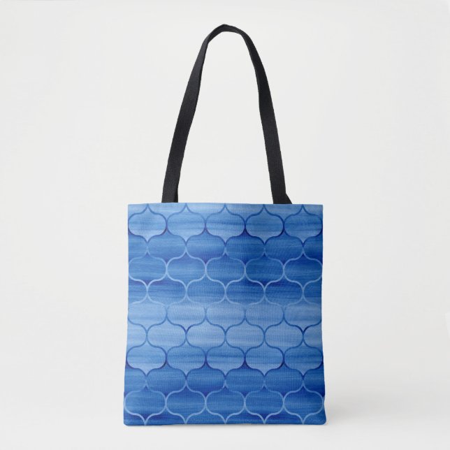Lovely Blue Watercolor Ogee Pattern Tote Bag (Front)