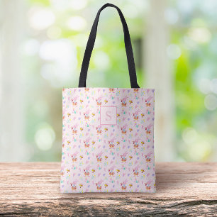 lovely blush pink bunny garden pattern Monogram  Tote Bag