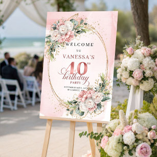 Lovely Boho Dusty Pink Greenery 40th Birthday Poster