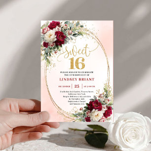 Lovely boho maroon gold floral sweet sixteen invitation